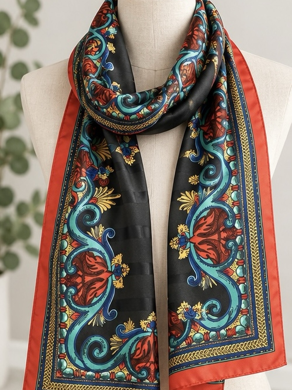Vintage Long Scarf 53x11 Black Red Teal Gold Ornate Baroque Floral Retro